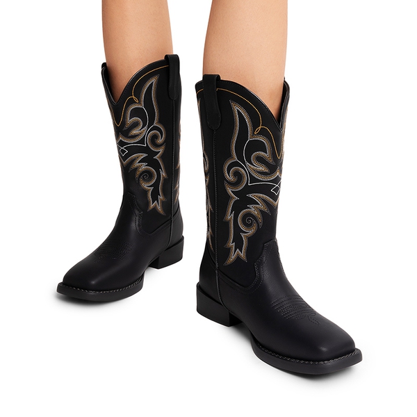 Women’s Mid-Calf Embroidered Cowboy Boots - BLACK - 7