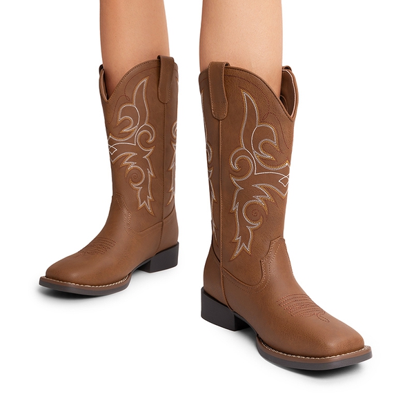 Women’s Mid-Calf Embroidered Cowboy Boots - TAN - 7