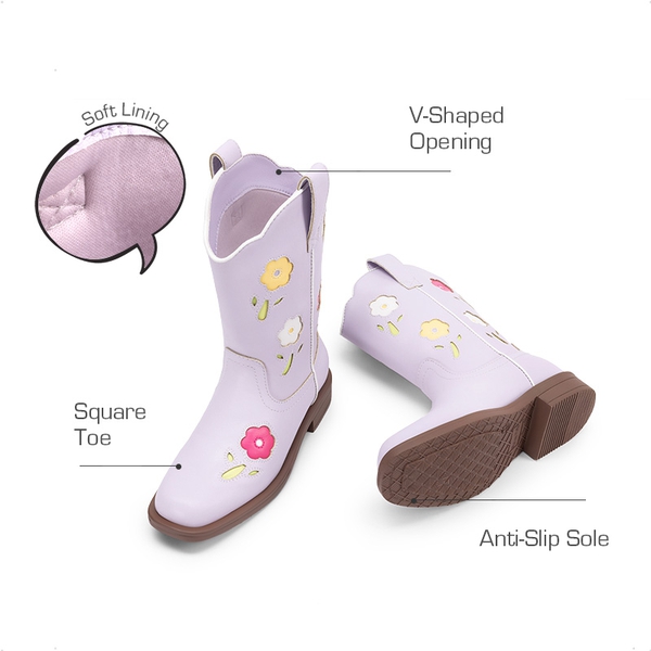 Girls’ Durable Slip-On Floral Western Boots - LIGHT PURPLE - 3