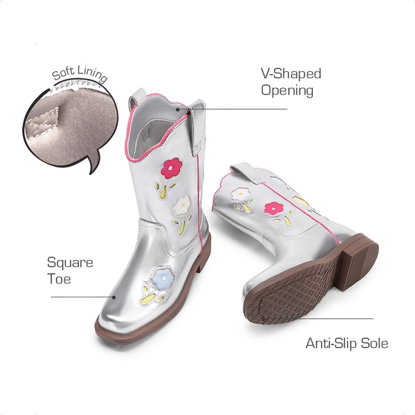 Girls’ Durable Slip-On Floral Western Boots - SILVER - 3