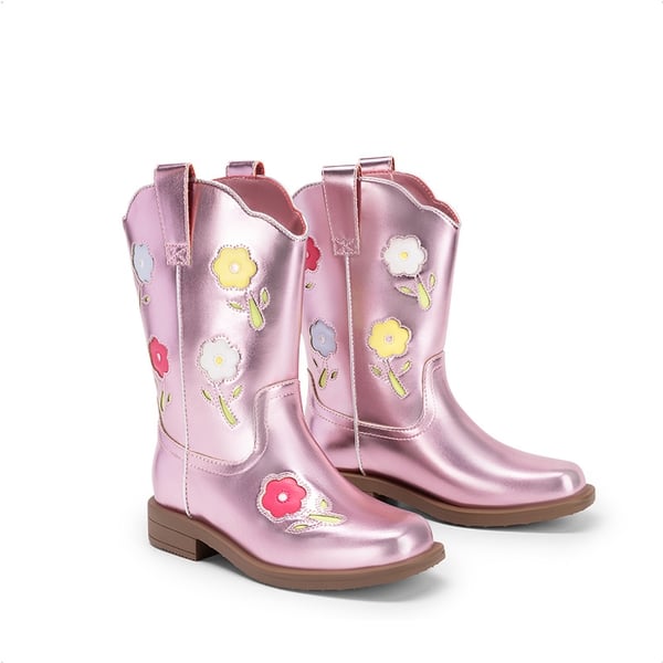 Girls’ Durable Slip-On Floral Western Boots - PINK - 1