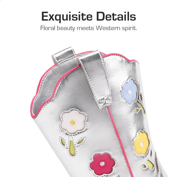 Girls’ Durable Slip-On Floral Western Boots - SILVER - 2