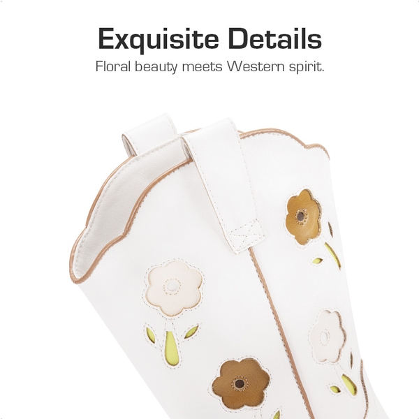 Girls’ Durable Slip-On Floral Western Boots - WHITE - 2
