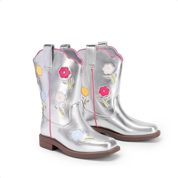 Girls’ Durable Slip-On Floral Western Boots - SILVER - 1