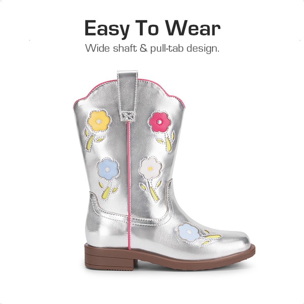 Girls’ Durable Slip-On Floral Western Boots - SILVER - 4