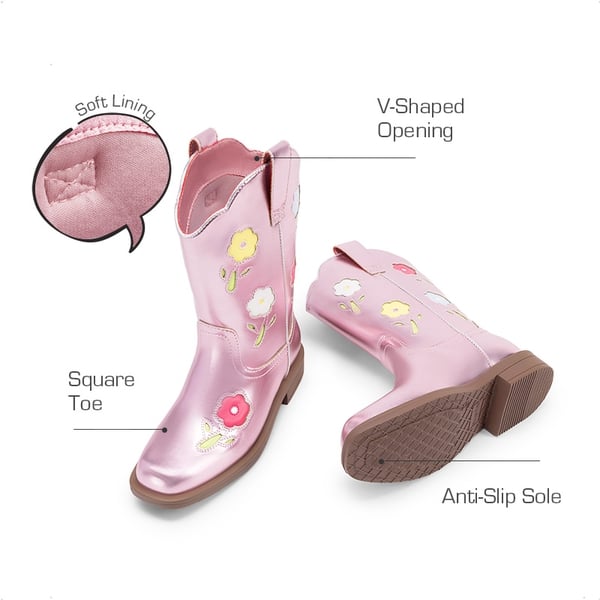 Girls’ Durable Slip-On Floral Western Boots - PINK - 3