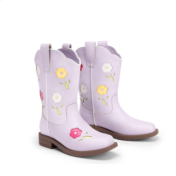 Girls’ Durable Slip-On Floral Western Boots - LIGHT PURPLE - 1
