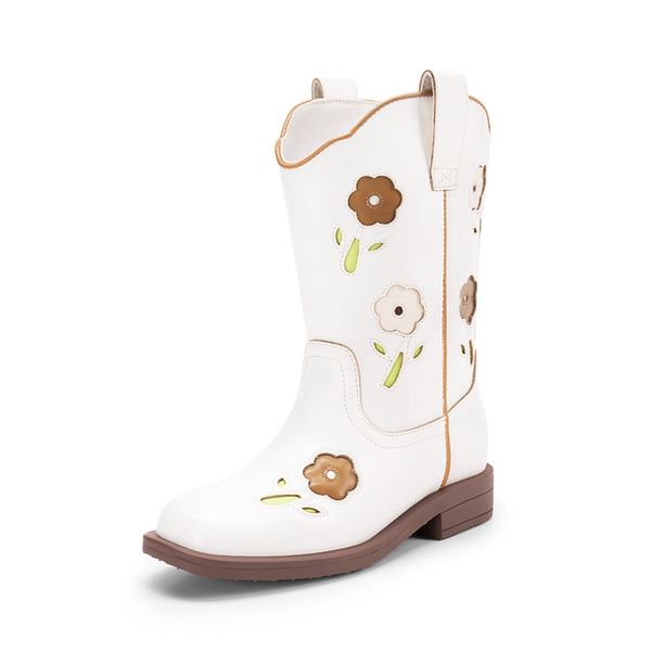Girls’ Durable Slip-On Floral Western Boots - WHITE -  0