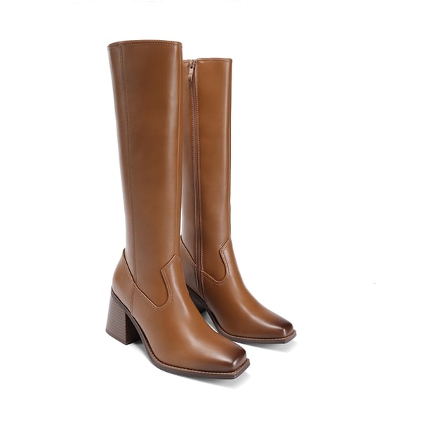 Women’s Sleek Knee-High Chunky Heel Boots - BROWN - 3