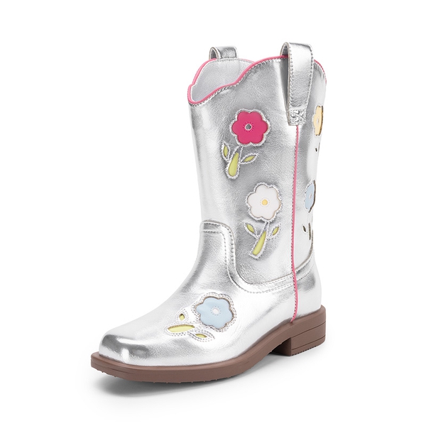 Girls’ Durable Slip-On Floral Western Boots - SILVER -  0