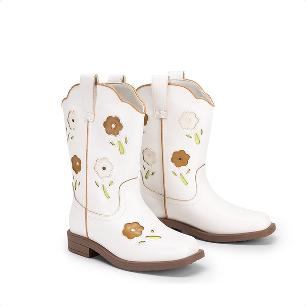 Girls’ Durable Slip-On Floral Western Boots - WHITE - 1