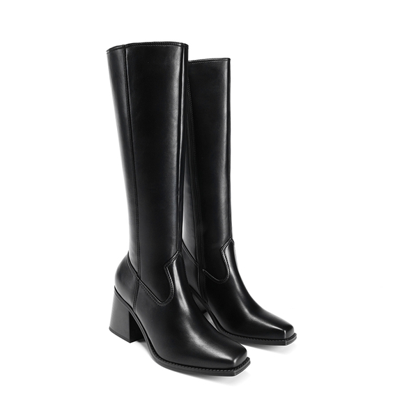 Women’s Sleek Knee-High Chunky Heel Boots - BLACK - 1