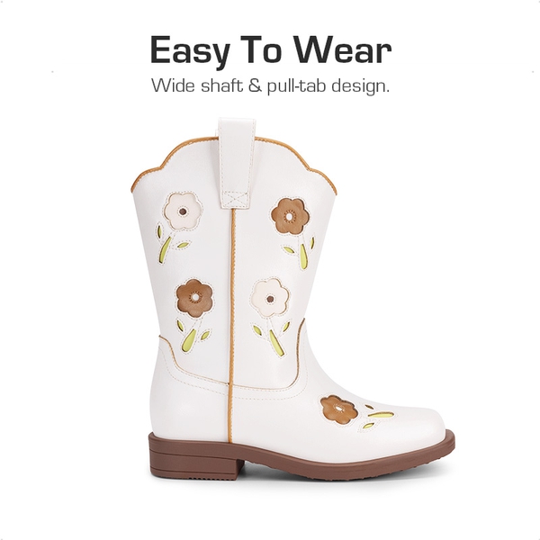 Girls’ Durable Slip-On Floral Western Boots - WHITE - 4