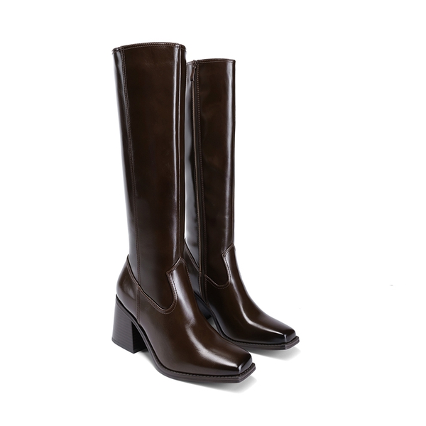 Women’s Sleek Knee-High Chunky Heel Boots - DARK BROWN - 3