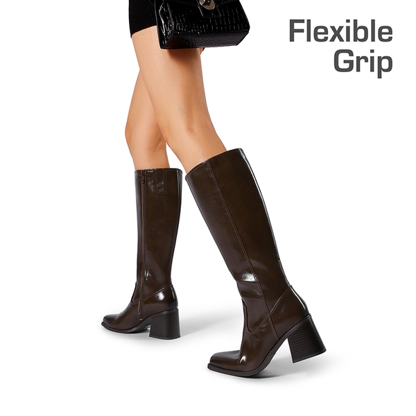 Women’s Sleek Knee-High Chunky Heel Boots - DARK BROWN - 5
