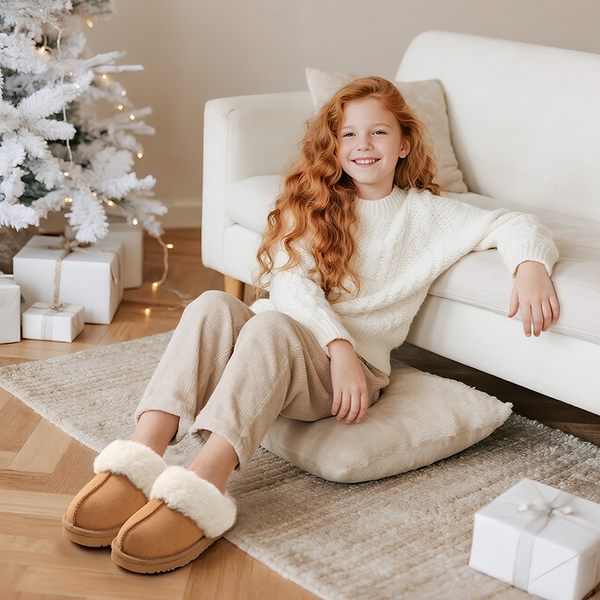 Kids’ Cozy Faux Suede Non-Slip Slippers - CAMEL - 5