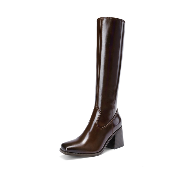 Women’s Sleek Knee-High Chunky Heel Boots - DARK BROWN -  0