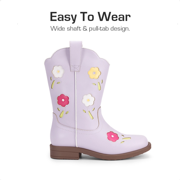 Girls’ Durable Slip-On Floral Western Boots - LIGHT PURPLE - 4