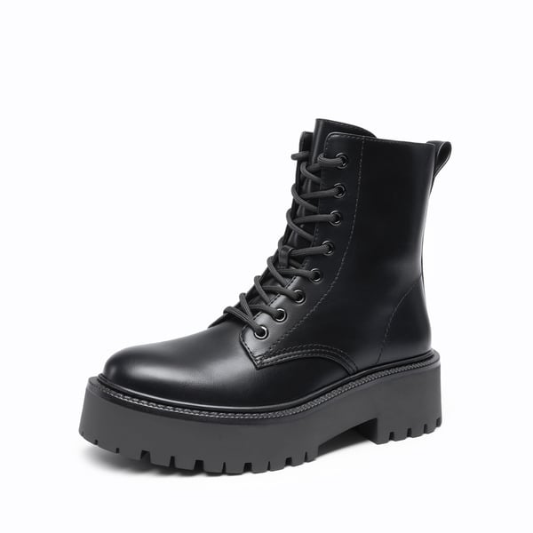 Women’s Lace-Up Combat Ankle Boots - BLACK -  0