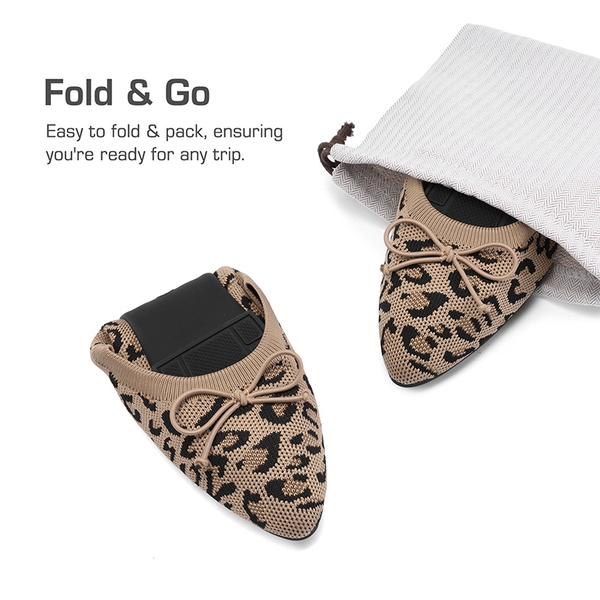 Ascenelle Women’s Foldable Breathable Bow Flats Knit Edition - LEOPARD - 4