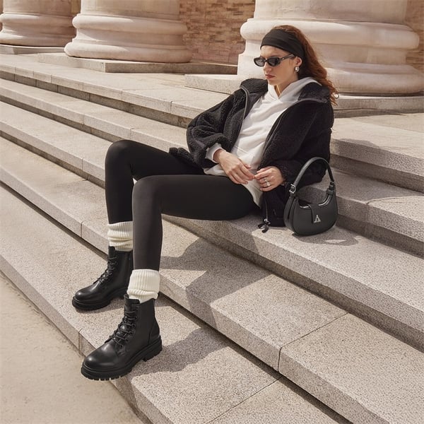 Women’s Wide-calf Lace-Up Platform Combat Boots - BLACK - 6