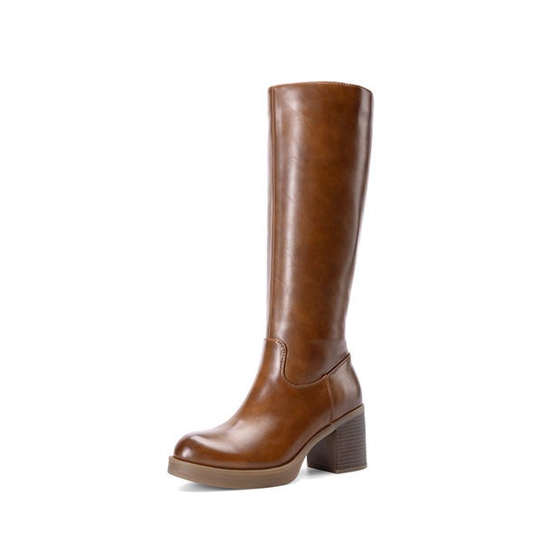 Women’s Knee-High Block Heel Boots - BROWN -  0