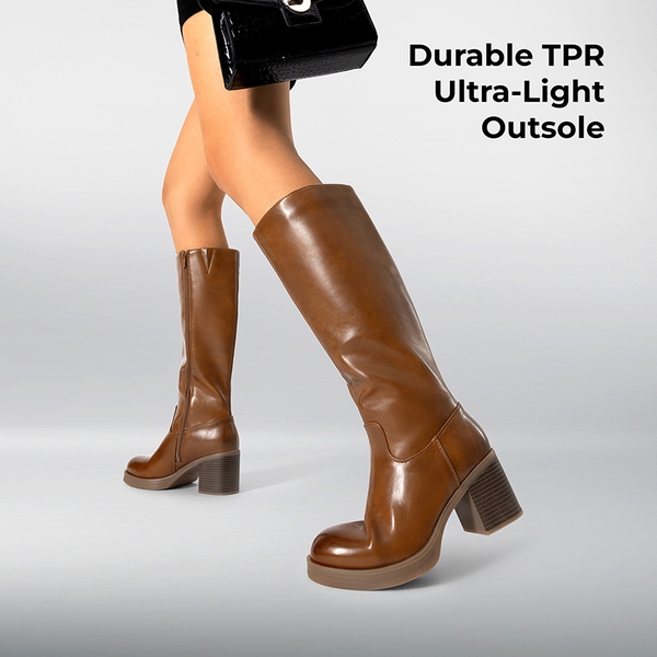 Women’s Knee-High Block Heel Boots - BROWN - 5