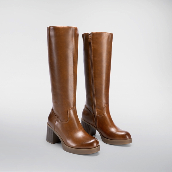 Women’s Knee-High Block Heel Boots - BROWN - 2