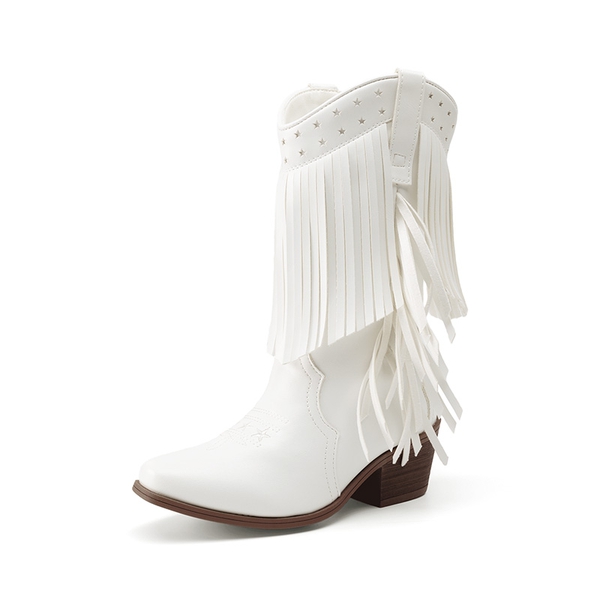 Girls’ Tassel Star Western Cowgirl Boots - WHITE -  0