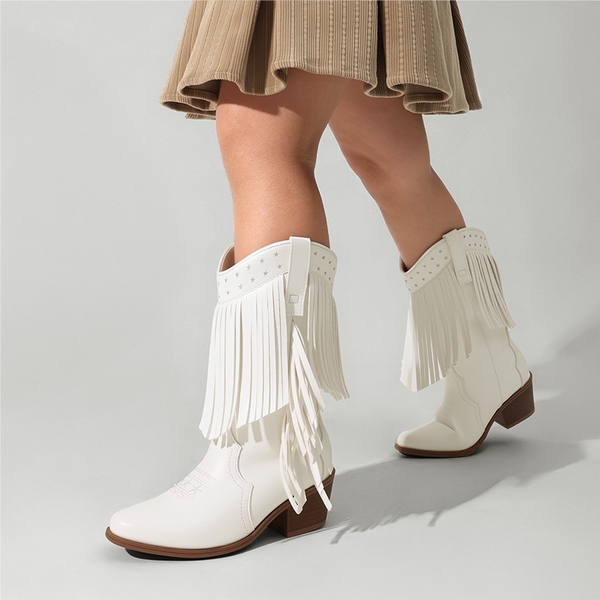 Girls’ Tassel Star Western Cowgirl Boots - WHITE - 5