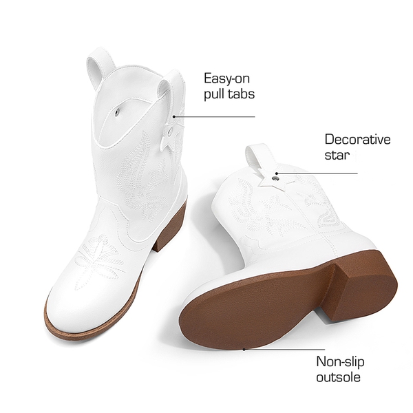 Kids’ Embroidered Slip-On Cowgirl Boots - WHITE - 3