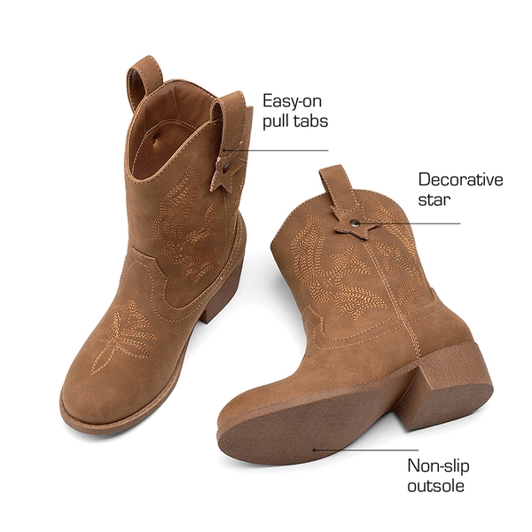 Kids’ Embroidered Slip-On Cowgirl Boots - CAMEL - 3