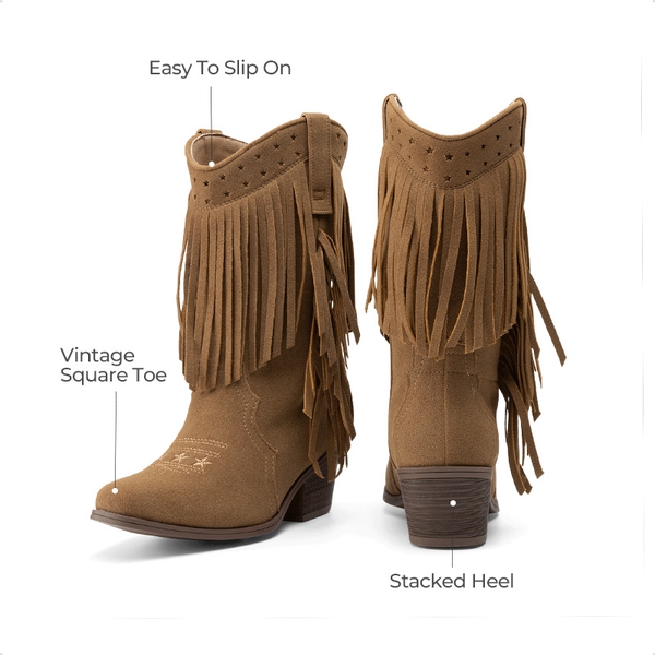Girls’ Tassel Star Western Cowgirl Boots - BROWN - 2