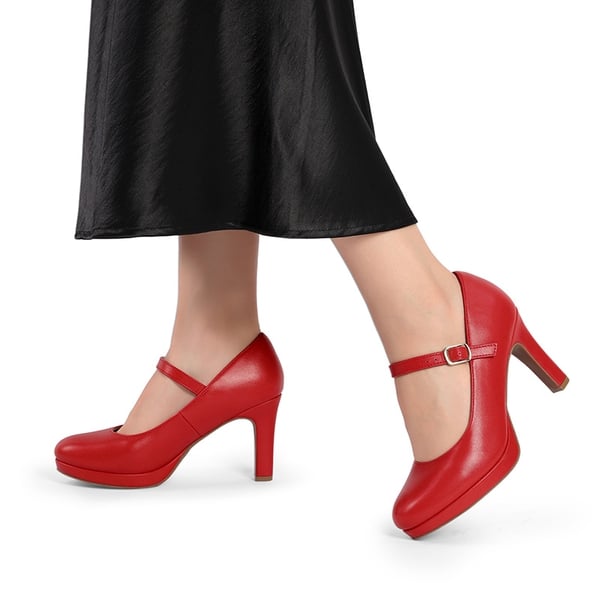 Mary Jane Platform Pumps - RED-PU - 7