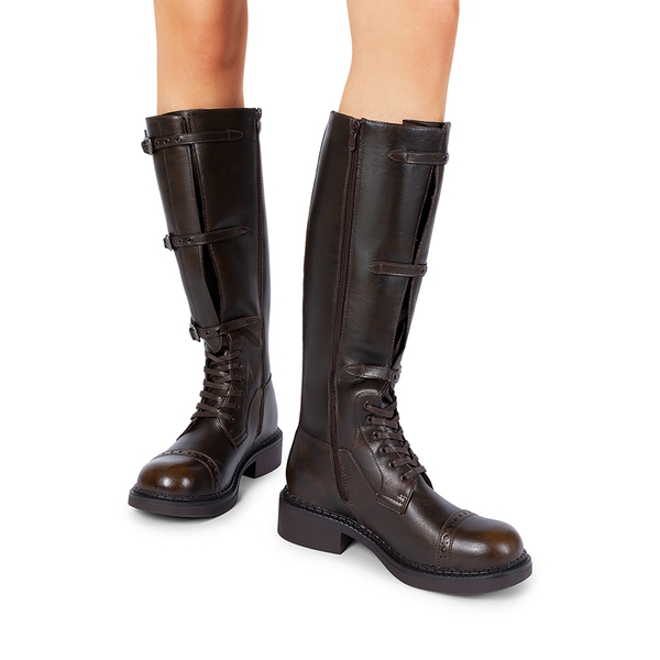 Women’s Square-Toe Block Heel Boots - DARK BROWN - 7