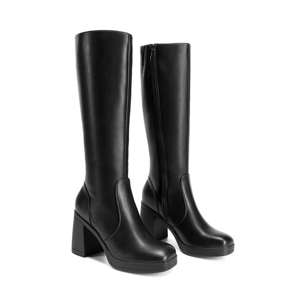 Women’s Stretchy Knee-High Platform Boots - BLACK - 1