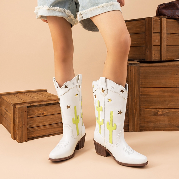Girls’ Embroidered Western Cowboy Boots - WHITE - 4