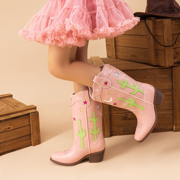 Girls’ Embroidered Western Cowboy Boots - PINK - 4