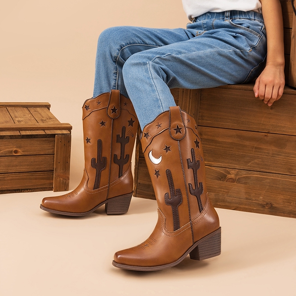 Girls’ Embroidered Western Cowboy Boots - BROWN - 4