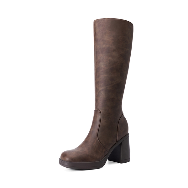 Women’s Stretchy Knee-High Platform Boots - BROWN -  0