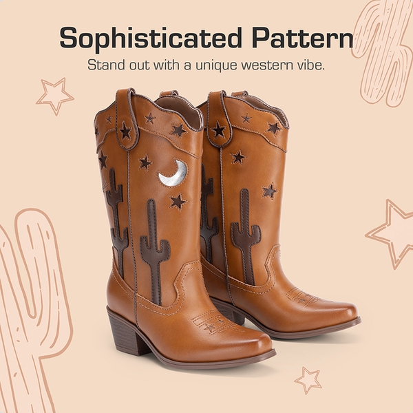 Girls’ Embroidered Western Cowboy Boots - BROWN - 1