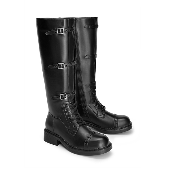 Women’s Square-Toe Block Heel Boots - BLACK - 4