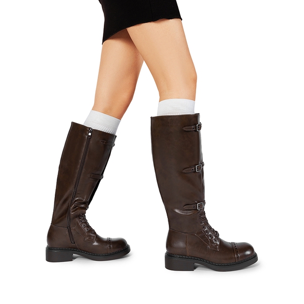 Women’s Square-Toe Block Heel Boots - BROWN - 6