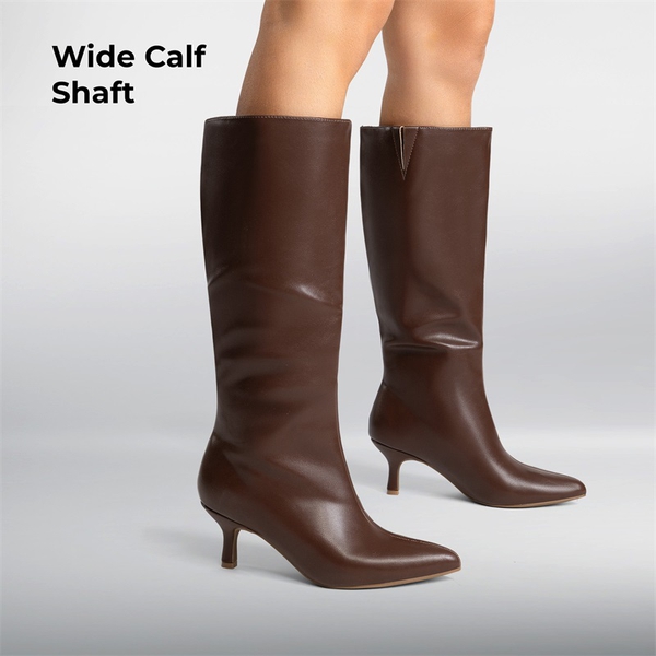 Women’s Pointed-Toe Kitten Heel Boots - BROWN-PU - 7