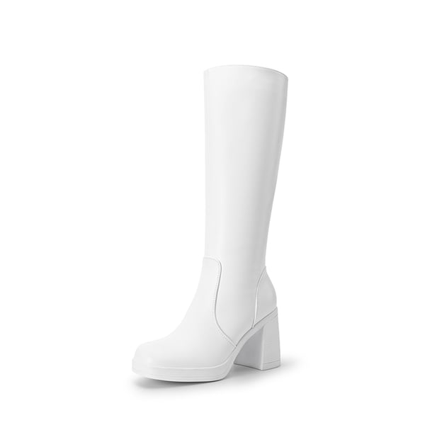 Women’s Stretchy Knee-High Platform Boots - WHITE-PU -  0