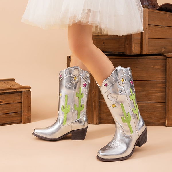 Girls’ Embroidered Western Cowboy Boots - SILVER - 4