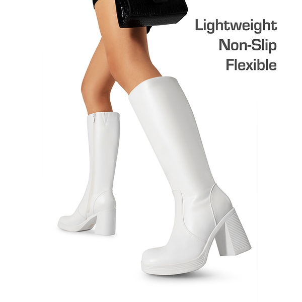 Women’s Stretchy Knee-High Platform Boots - WHITE-PU - 3