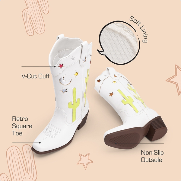 Girls’ Embroidered Western Cowboy Boots - WHITE - 3