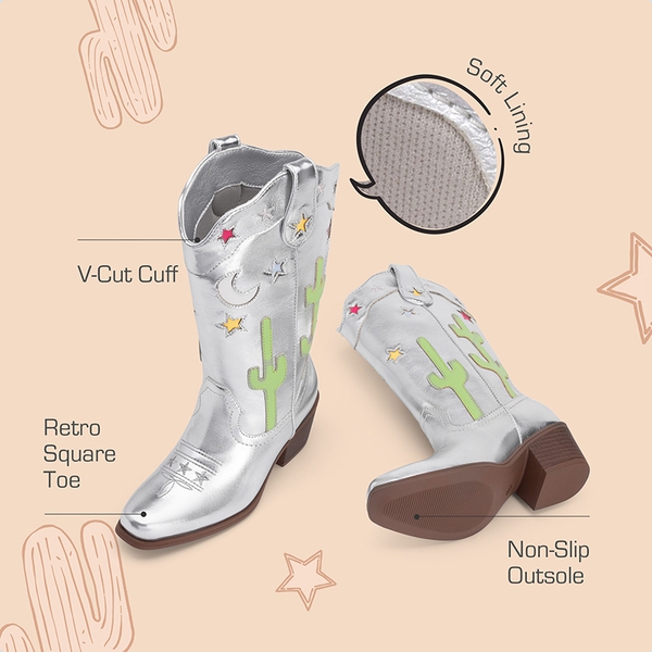 Girls’ Embroidered Western Cowboy Boots - SILVER - 3