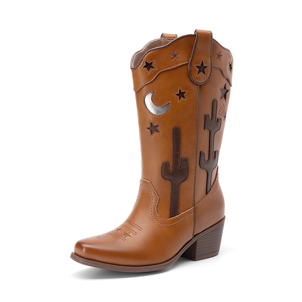 Girls’ Embroidered Western Cowboy Boots - BROWN -  0